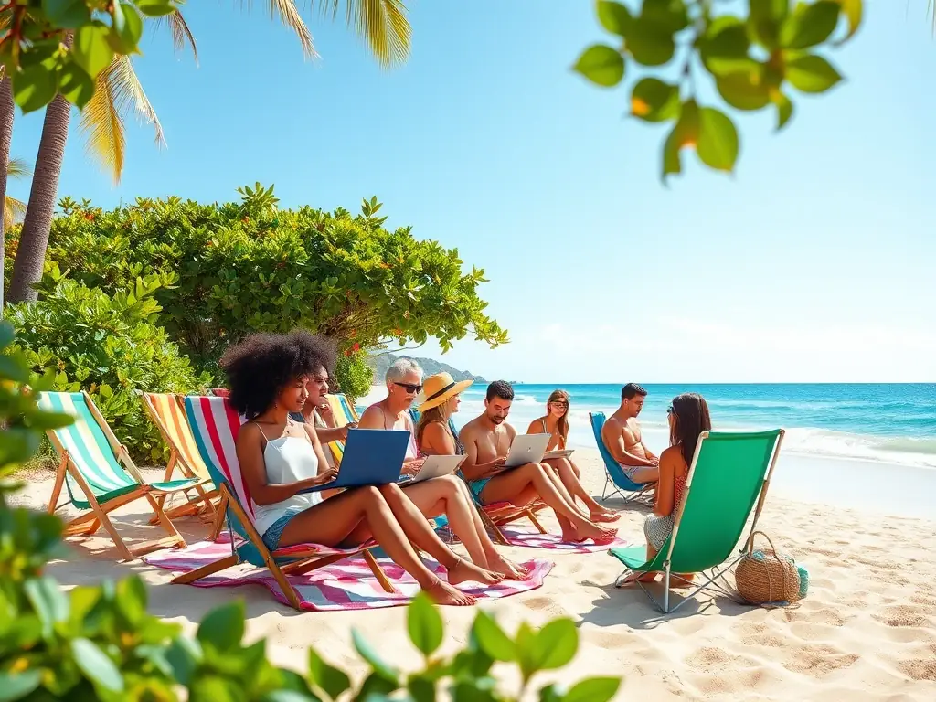 A vibrant image of digital nomads working on laptops on a sunny beach in Jaco, Costa Rica, with lush greenery and the ocean in the background, capturing the essence of a productive and relaxing work environment.