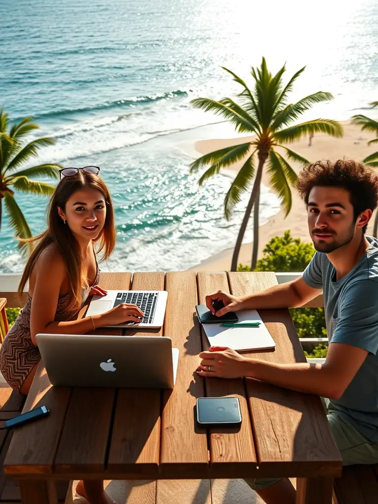 A vibrant image of a group of digital nomads working on laptops at a coworking space in Jaco, Costa Rica, with the beach visible in the background, showcasing a productive and relaxed work environment.