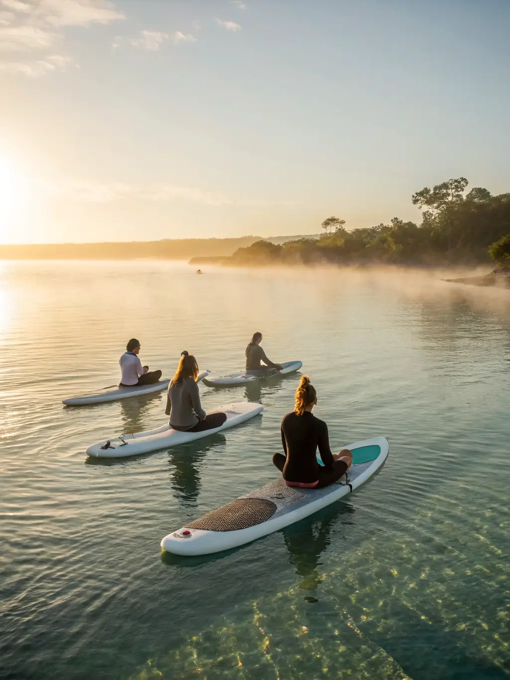 A serene image of a yoga session taking place on the beach in Santa Teresa, Costa Rica, with participants enjoying the sunset after a productive workday.