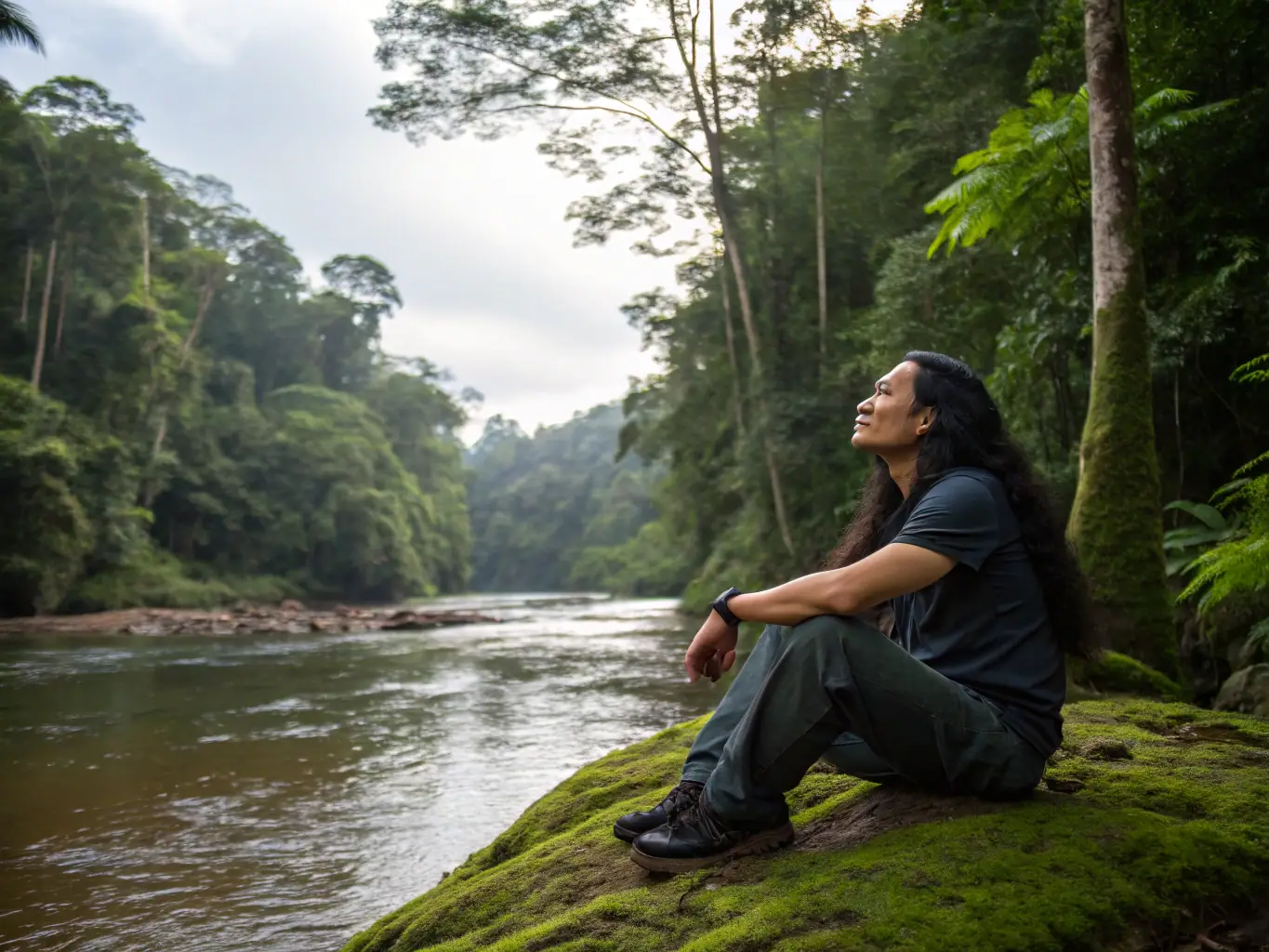 A lone traveler meditating in a peaceful, natural setting, symbolizing the reflective and rejuvenating experience of a guided sabbatical.