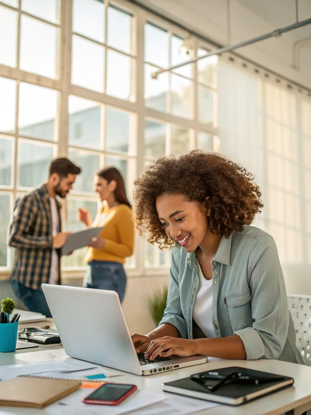A person working on a laptop in a vibrant co-working space, with other digital nomads collaborating in the background, emphasizing the fast, stable Wi-Fi and co-working access.