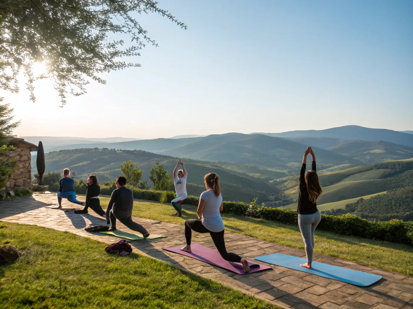 A serene image of digital nomads practicing yoga on a wooden deck overlooking the ocean in Florianopolis, Brazil, emphasizing the wellness aspect of the workcation.