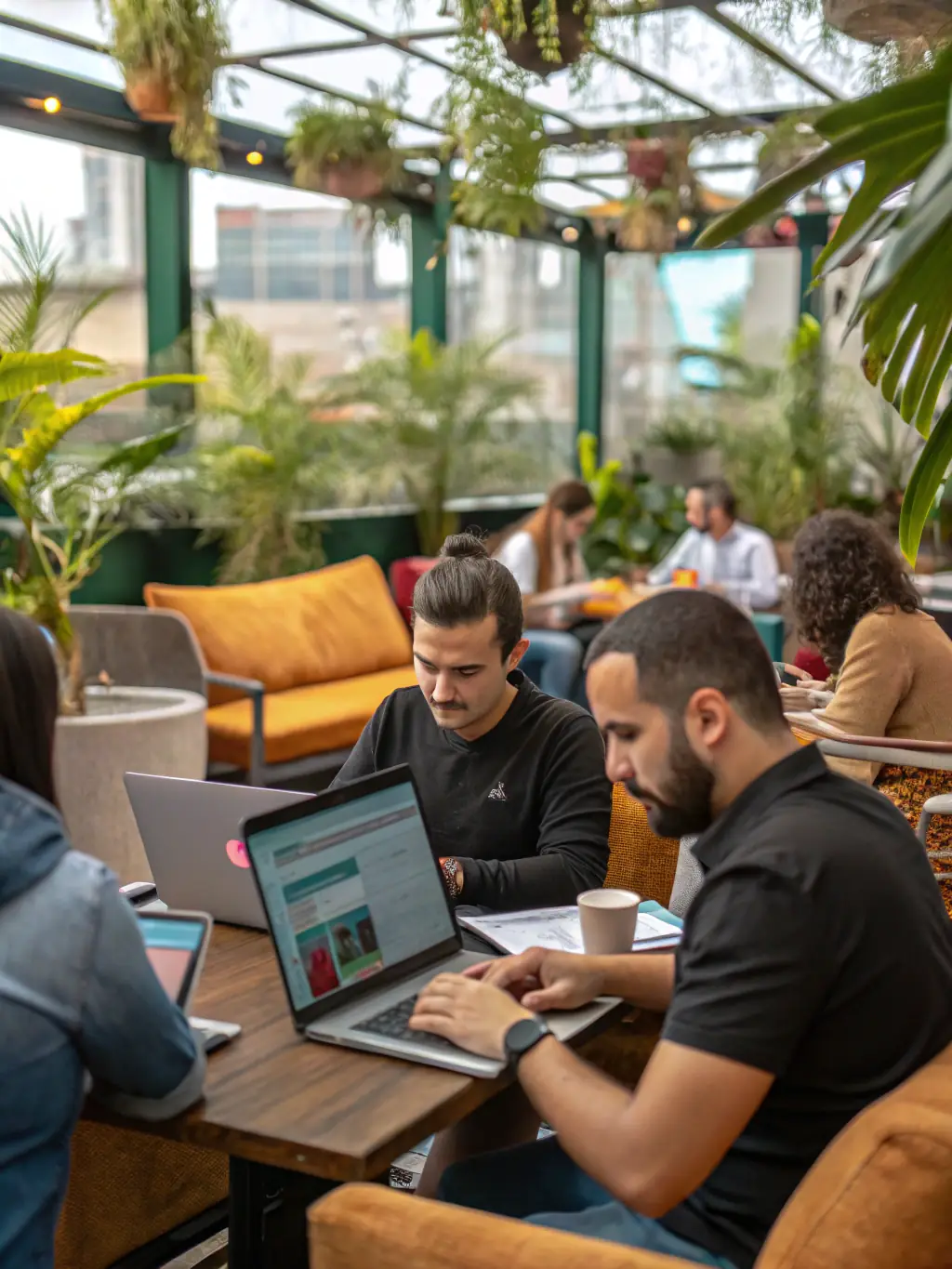 A lively image of digital nomads enjoying a mastermind session in Florianopolis, Brazil, with laptops and notebooks scattered around a table, fostering collaboration and innovation.