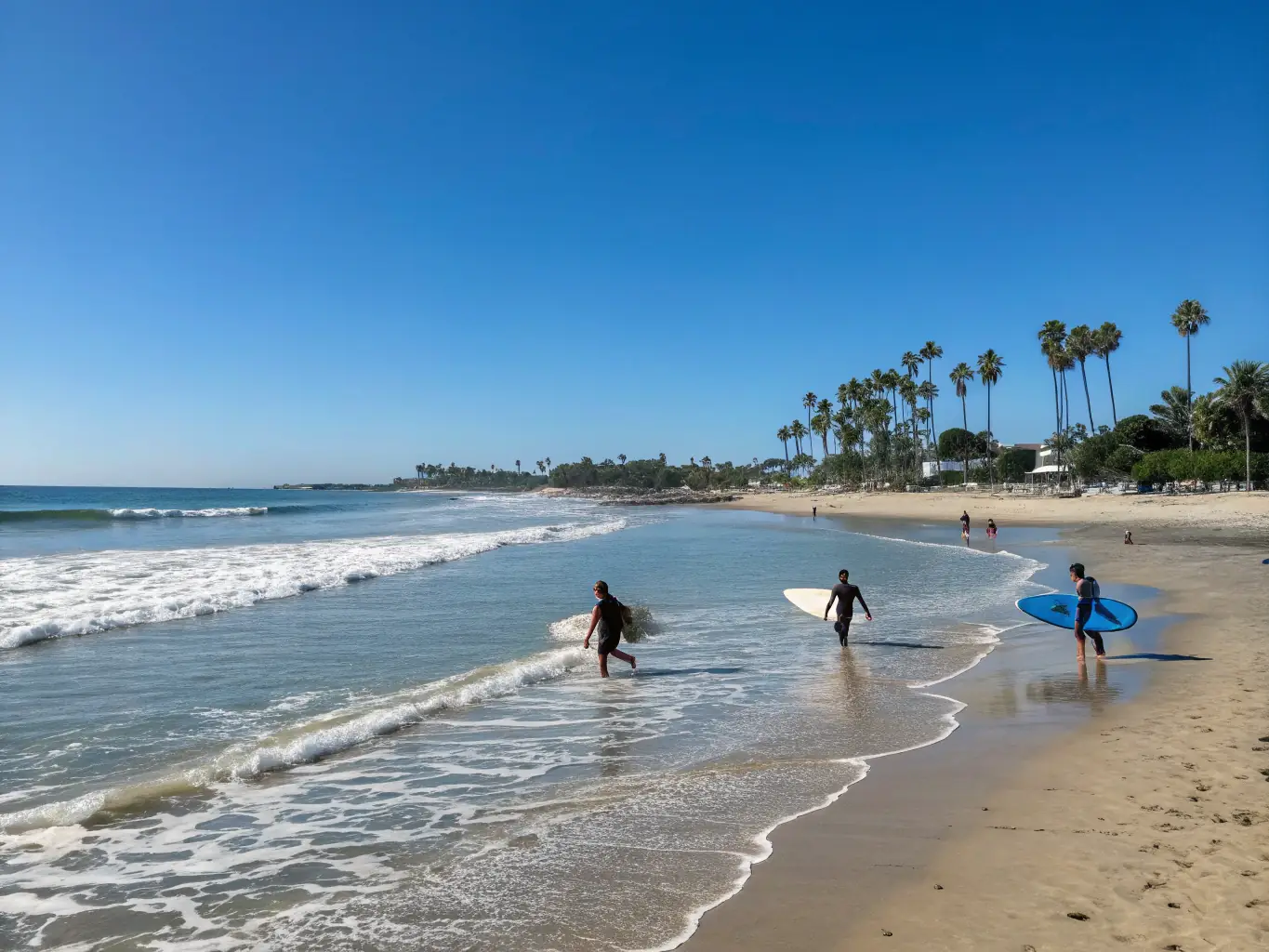 A serene beach scene at sunrise, with a group of beginner surfers learning to ride the waves, embodying the transformative surf retreat experience.