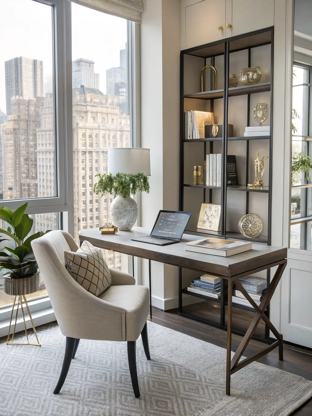 A modern, minimalist apartment interior with a laptop open on a desk, bathed in natural light, representing the private housing and workspace provided in the Workcation Packages.