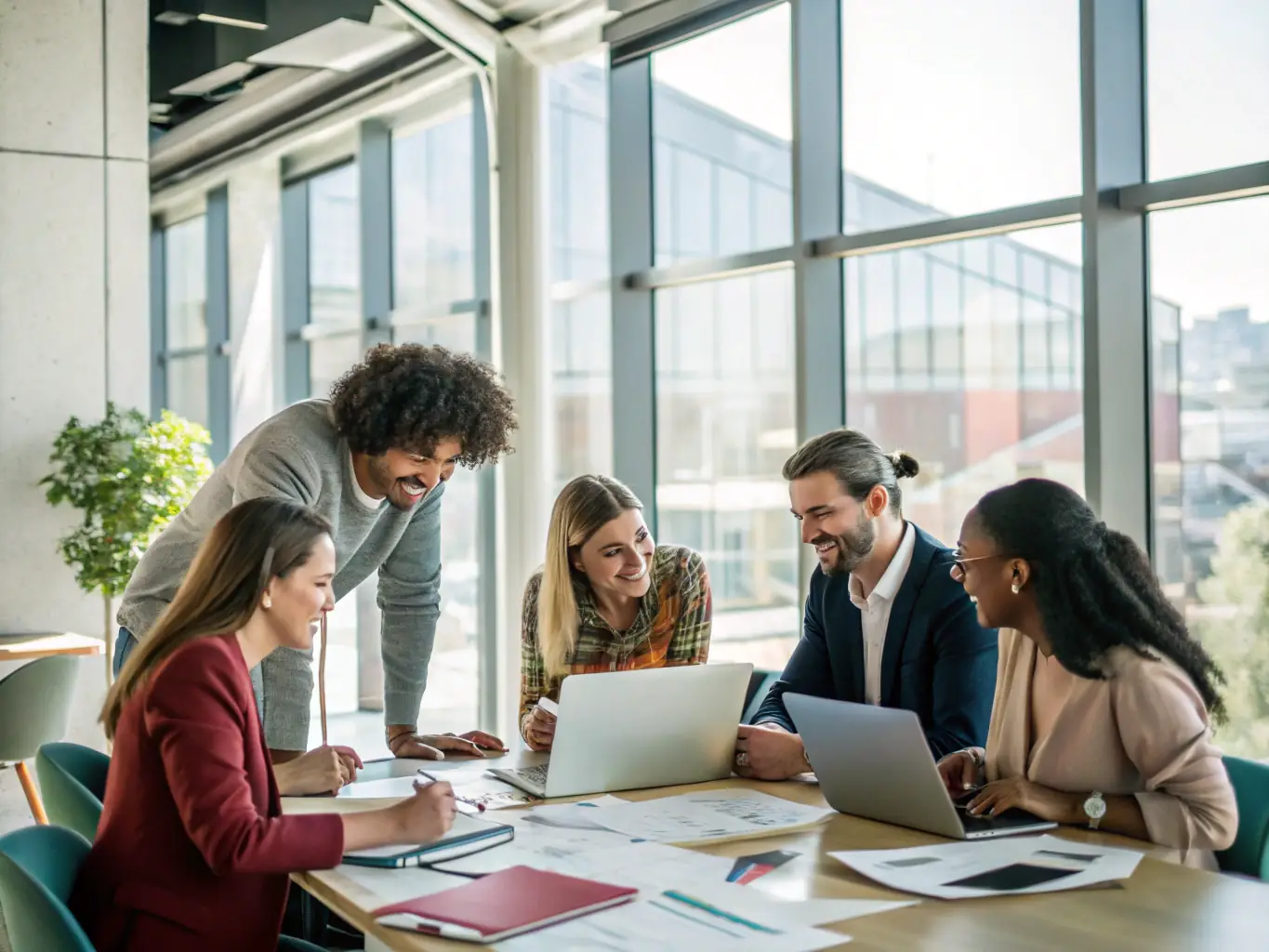 A dynamic image of digital nomads participating in a mastermind session in a modern coworking space in Rio de Janeiro, Brazil, highlighting the community and collaboration aspects.