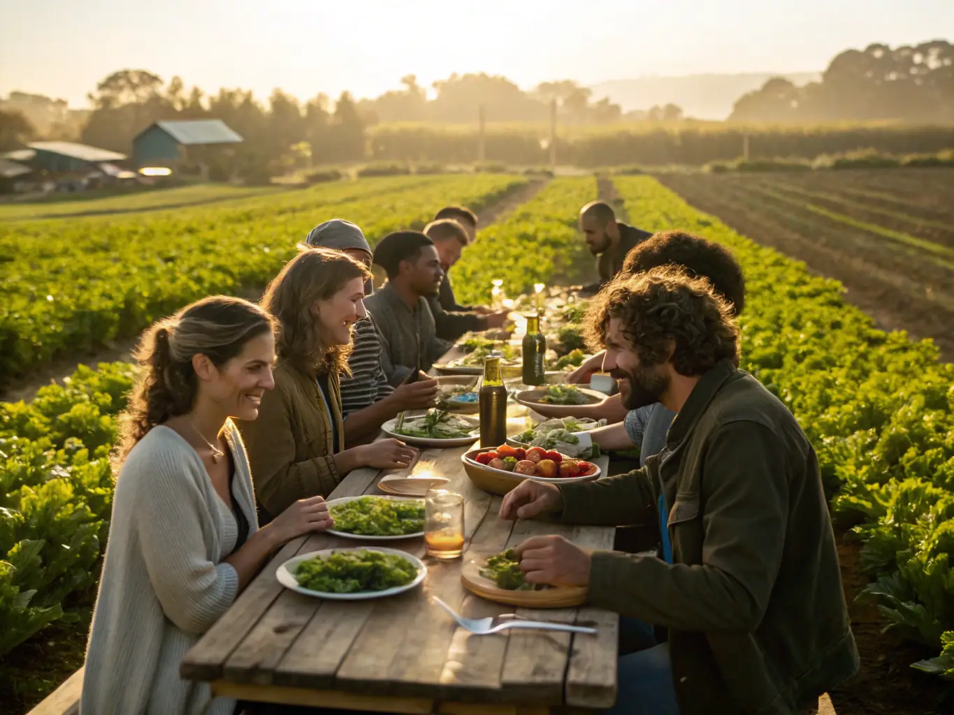 A group of professionals engaged in a leadership workshop, enjoying a meal featuring animal-based products, set in a rustic, natural environment.
