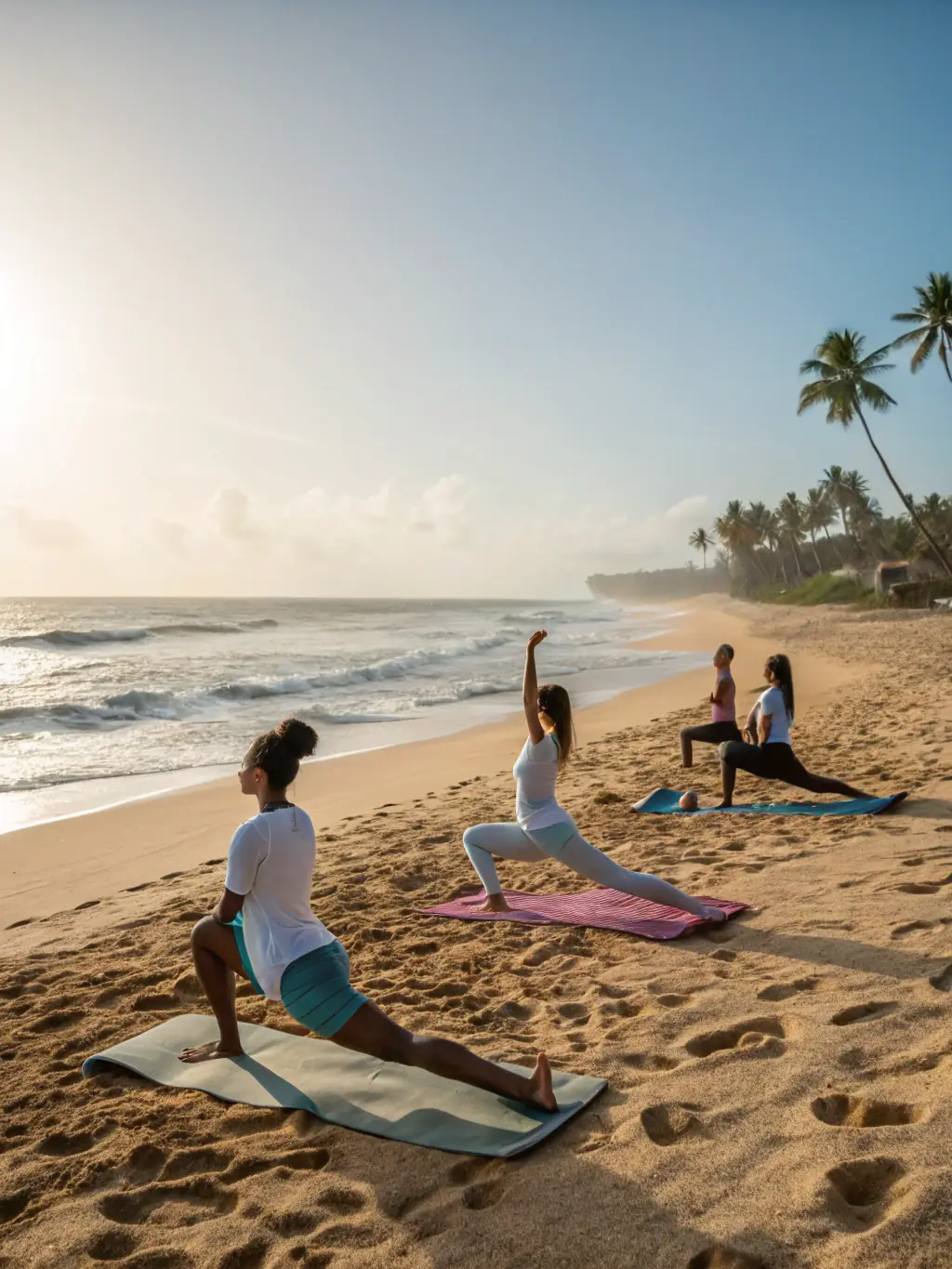 A group of people practicing yoga on a beach at sunset, with a qualified instructor guiding them, highlighting the weekly breathwork and yoga sessions.